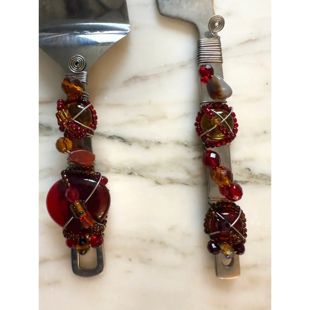 Vintage Faberware Y2K Decorative Beaded Cake Knife & Server Set Red Amber
